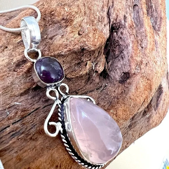 925 Sterling Silver Amethyst Rose Quartz Angel Necklace womens jewelry - Picture 5 of 10